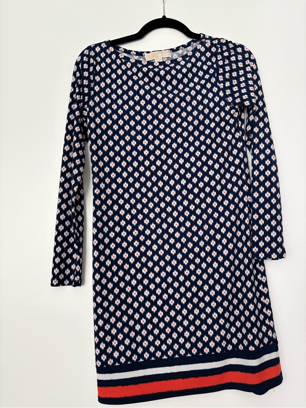 Michael Kors Navy Patterned Long Sleeve Dress with Stripe Hem